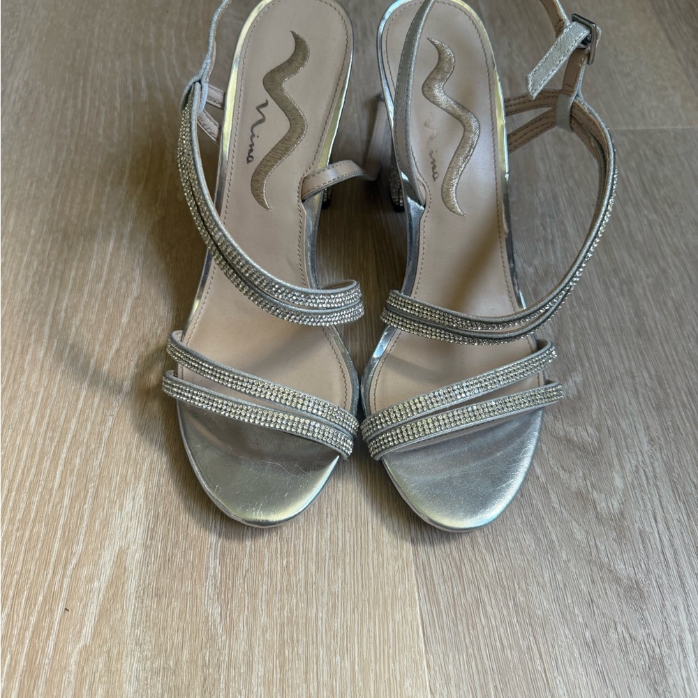 Nina Silver Crystal-Strap Mid Heel Sandals